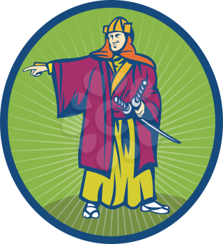 Royalty Free Clipart Image of a Samurai Warrior Pointing