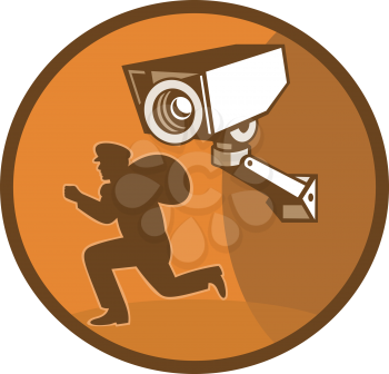 Royalty Free Clipart Image of a Burglar Running by a Security Camera