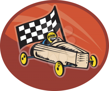 Royalty Free Clipart Image of a Soapbox Derby Car and Checkered Flag