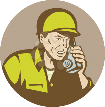 Royalty Free Clipart Image of a Soldier Talking on Radio
