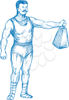Royalty Free Clipart Image of a Strongman Holding a Weight in One Hand