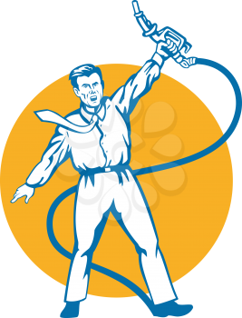 Royalty Free Clipart Image of a Man Holding a Gas Nozzle in the Air