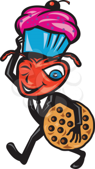 Illustration of  cartoon male ant wearing tuxedo business suit carrying cupcake on head and cookie winking on isolated white background.