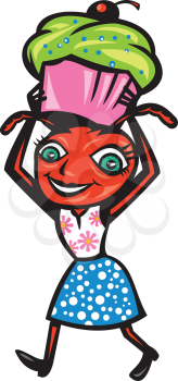 Illustration of  cartoon female ant wearing dress and skirt blouse carrying cupcake on head on isolated white background.