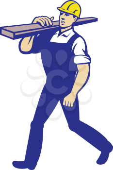 Illustration of a carpenter tradesman worker carrying timber lumber wood on shoulder walking on isolated white background.