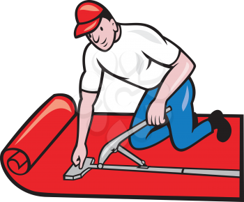 Illustration of a carpet layer laying down carpet layer carpet fitter worker done in cartoon style on isolated white background.