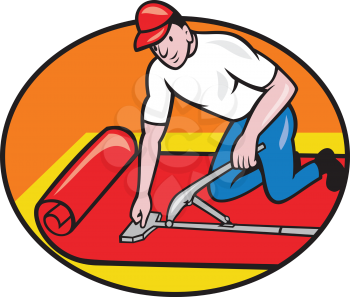 Illustration of a carpet layer fitter laying down carpet fitter worker done in cartoon style set inside oval on isolated white background.
