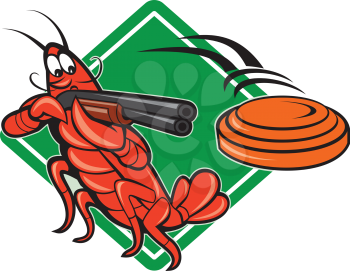 Illustration of a crayfish lobster skeet target shooting using shotgun rifle aiming at flying clay disk with diamond shape in background done in cartoon style.