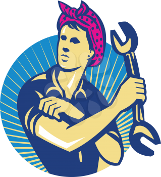 Illustration of a female mechanic holding a spanner wrench flexing her muscle arm set inside circle done in retro style.