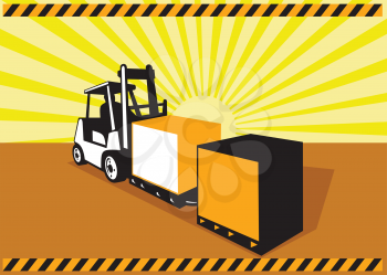 Illustration of a forklift truck and driver at work lifting handling box crate done in retro style with sunburst in background.