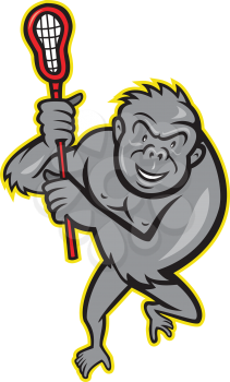 Illustration of a gorilla ape holding a lacrosse stick viewed from the front on isolated white background.
