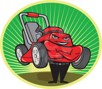 Illustration of lawn mower man smiling standing with arms folded facing front done in cartoon style set inside oval with sunburst in the background.
