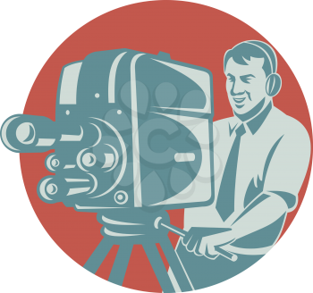 Vector illustration of a cameraman movie director filming vintage tv camera set inside circle shape done in retro style.