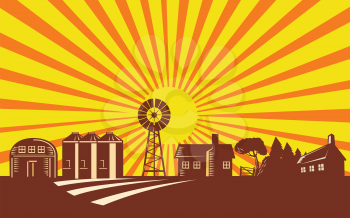 Illustration of a farm with farmhouse barn windmill house cottage done in retro style with sunburst in background.