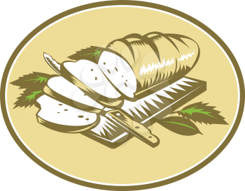 Illustration of loaf of bread sliced on chopping board with knife and leaves done in retro woodcut style.