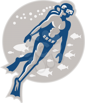 Illustration of a scuba diver diving swimming up set inside circle done in retro style on isolated white background.