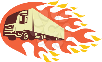 Illustration of a truck lorry done in retro style with fire flames in the background.