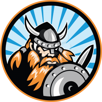 Illustration of a viking warrior raider barbarian with sword and shield set inside circle done in retro style.