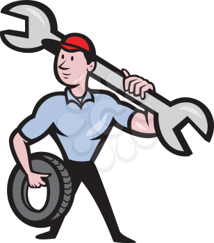 Illustration of a mechanic with tire and socket wrench standing front view set inside hexagon done in cartoon style