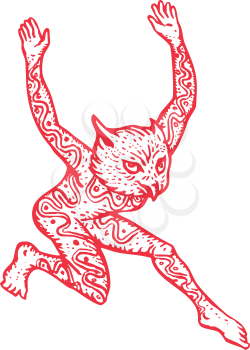 Illustration of a half-man half-owl with head of owl and human body tattoos running dancing flapping hands on isolated white background done in woodcut style.