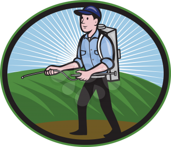 Illustration of a worker with fertilizer sprayer pump  spraying set inside oval done in cartoon style.