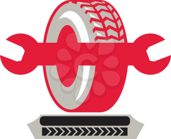 Illustration of a tire wheel with spanner wrench done in retro style