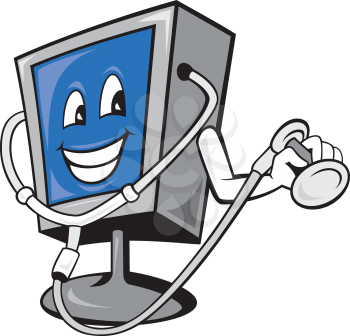 Illustration of computer tv monitor screen with doctor stethoscope done in cartoon style.