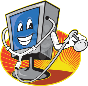 Illustration of computer tv monitor screen with doctor stethoscope done in cartoon style set inside oval.