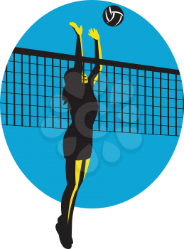 Illustration of a female volleyball player jumping spiking ball done in retro style.