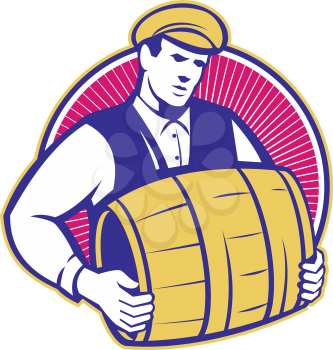 Retro style illustration of a bartender carrying keg barrel of beer set inside circle on isolated white background.