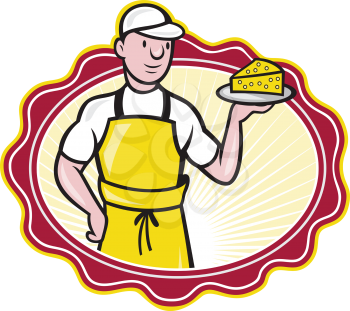 Illustration of a cheesemaker standing holding a plate with slice of cheese facing front on isolated background with oval shape.