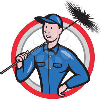 Illustration of a chimney sweeper cleaner worker with sweep broom viewed from front set inside circle done in cartoon style.