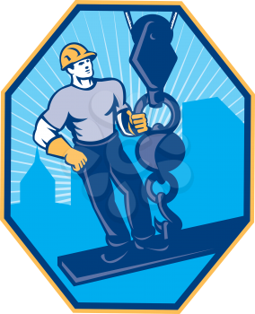 Illustration of construction worker riding on i-beam girder with ball hook done in retro style set inside hexagon