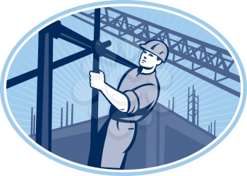Illustration of construction worker working on scaffolding with buildings in background set inside oval done in retro style.