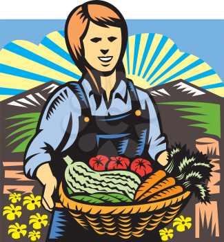 Illustration of female organic farmer with basket of crop produce harvest fruits vegetables facing front with farm fields mountains and fence in background done in retro wpa woodcut style.