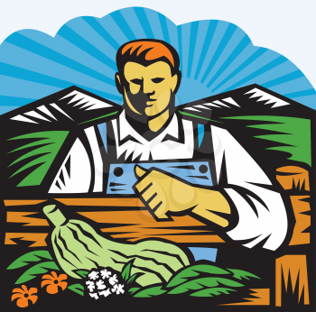 Illustration of organic farmer with crop produce harvest of vegetables facing front on fence with farm field and mountains in background done in retro woodcut style