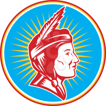 Illustration of a native american indian squaw woman viewed from side done in retro woodcut style set inside circle