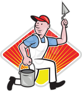 illustration of a plasterer masonry tradesman construction worker with trowel and pail on isolated background with diamond shape.
