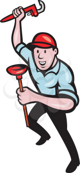 illustration of a plumber with monkey wrench done in cartoon style on isolated background