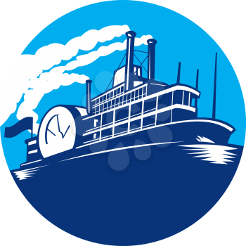 Illustration of steamboat ferry passenger ship vessel sailing set inside circle done in retro style.