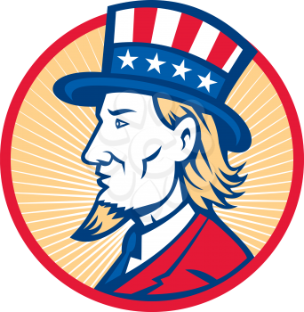 Illustration of Uncle Sam wearing hat with stars and stripes American flag viewed from side set inside circle.