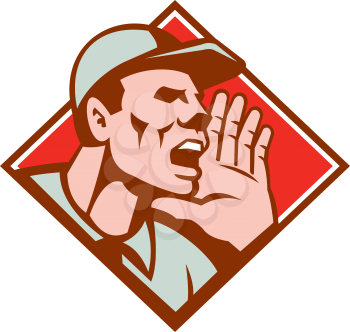 Illustration of a worker wearing hat looking up shouting done in retro style set inside diamond shape.