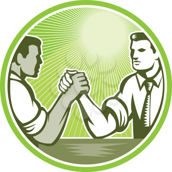 Illustration of two businessman officer worker engaged in an arm wrestle viewed from side set inside circle done in retro woodcut style.