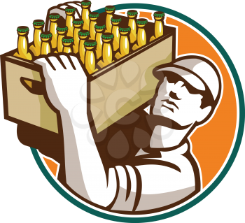 Retro style illustration of a bartender worker carrying case of beer looking up set inside circle on isolated white background.