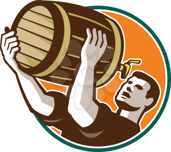 Retro style illustration of a bartender pouring keg barrel of beer drinking set inside circle on isolated white background.