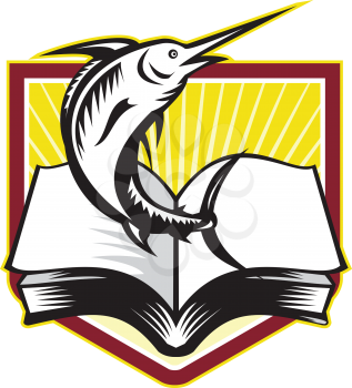 Illustration of a blue marlin fish jumping over book textbook set inside crest shield done in retro style.