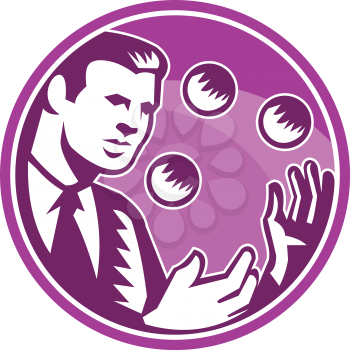 Illustration of a businessman juggler juggling balls viewed from front set inside circle done in retro wooduct style.