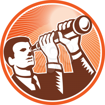 Illustration of a businessman facing front looking holding telescope lens done in retro woodcut style set inside circle.