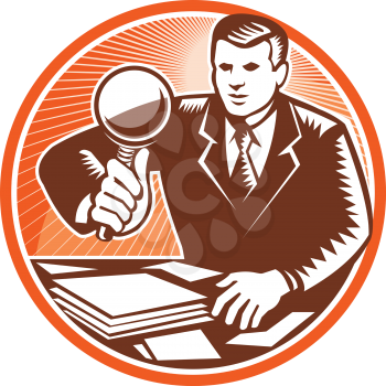 Illustration of a businessman facing front holding magnifying glass lens inspecting looking at pile of paper documents done in retro woodcut style set inside circle.