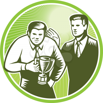 Illustration of an office worker businessman facing front winning trophy cup patted in back by supervisor leader done in retro woodcut style set inside circle.